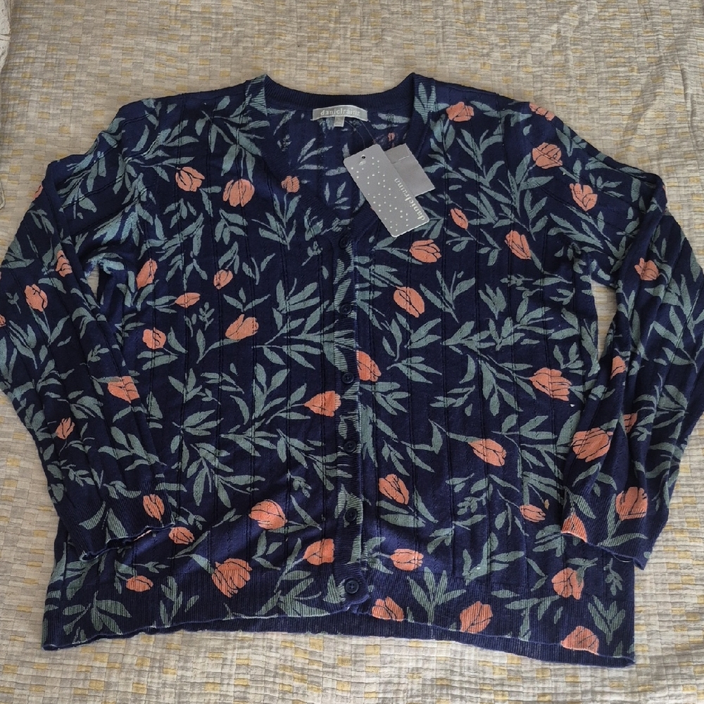 nwt Daniel Rainn Luisa V Neck Floral Cardigan XL Navy+Coral Tulip Print Sweater
